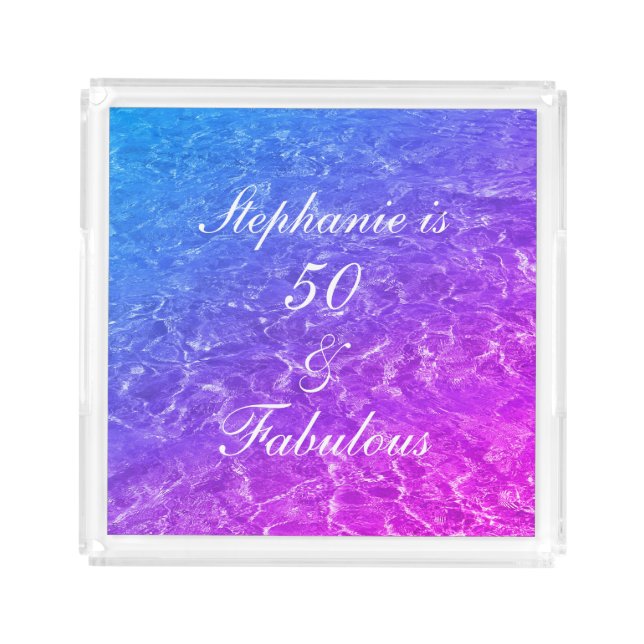 50 Fabulous Birthday Pink Purple Water Sparkle Acrylic Tray (Front)