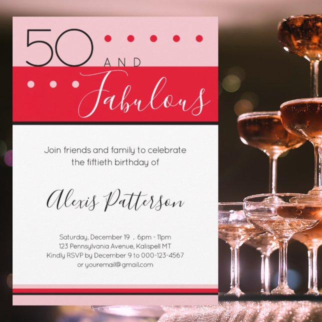 50 Fabulous Birthday Pink Red Modern Invitation (Creator Uploaded)