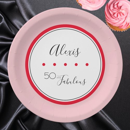 50 Fabulous Birthday Pink Red Modern Typography Paper Plates