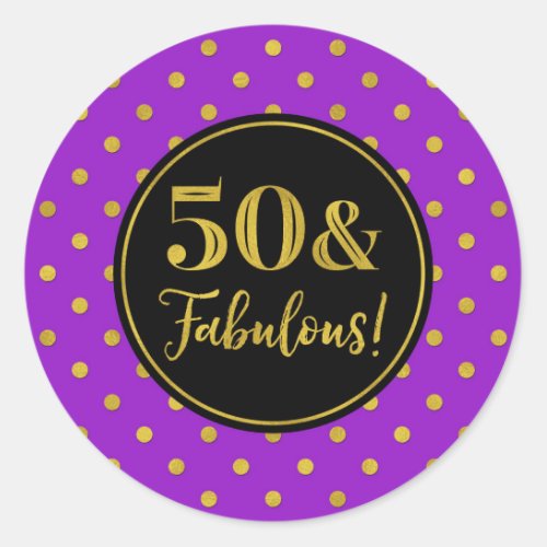 50  Fabulous Birthday Purple Black Gold Dots Classic Round Sticker