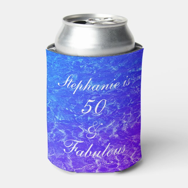 50 Fabulous Birthday Purple Blue Water Sparkle Can Cooler (Can Front)
