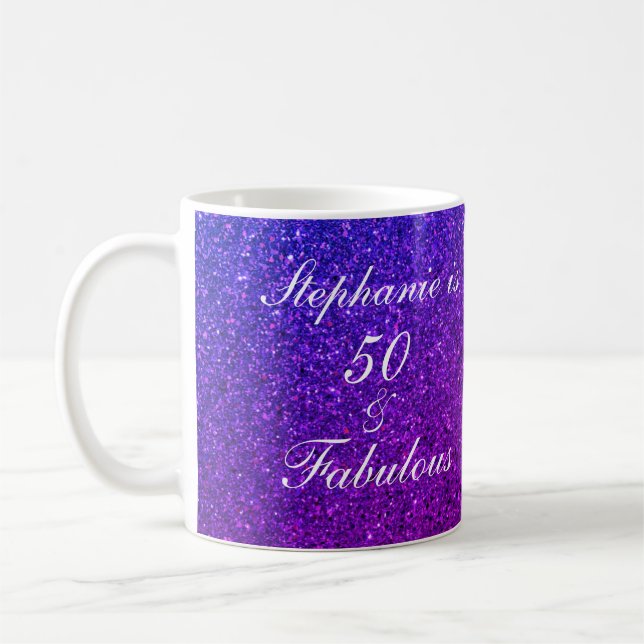 50 & Fabulous Birthday Purple Glitter Gift Favor Coffee Mug (Left)