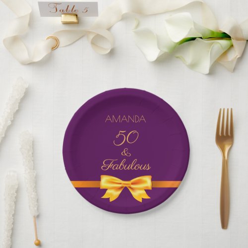 50 fabulous birthday  purple gold bow name paper plates