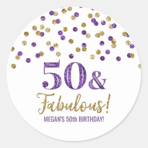 50  Fabulous Birthday Purple Gold Confetti Classic Round Sticker