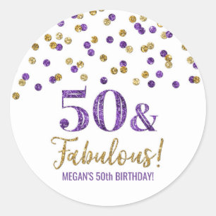 50 & Fabulous Birthday Purple Gold Confetti Classic Round Sticker