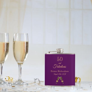 50 fabulous birthday purple gold monogram flask