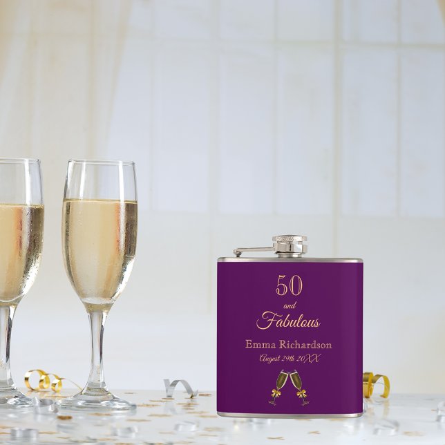 50 fabulous birthday purple gold monogram flask (Creator Uploaded)