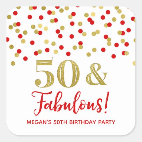 50  Fabulous Birthday Red Gold Confetti Square Sticker