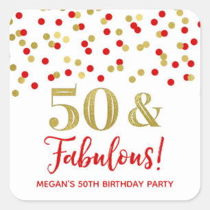 50 & Fabulous Birthday Red Gold Confetti Square Sticker