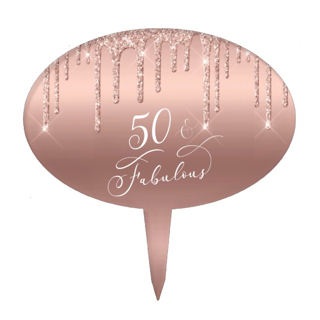 50 Fabulous Birthday Rose Gold Glitter Cake Topper (Front)