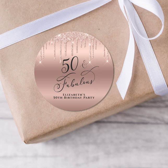 50 Fabulous Birthday Rose Gold Glitter Customized Classic Round Sticker (Creator Uploaded)