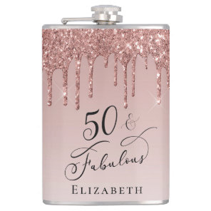 50 Fabulous Birthday Rose Gold Glitter Flask