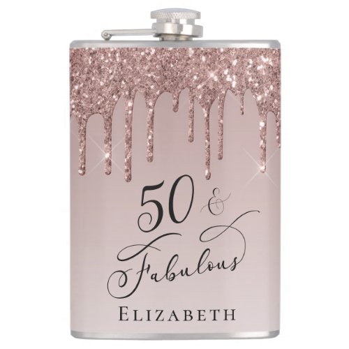 50 Fabulous Birthday Rose Gold Glitter Flask