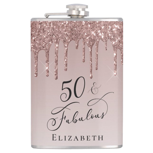 50 Fabulous Birthday Rose Gold Glitter Flask (Front)