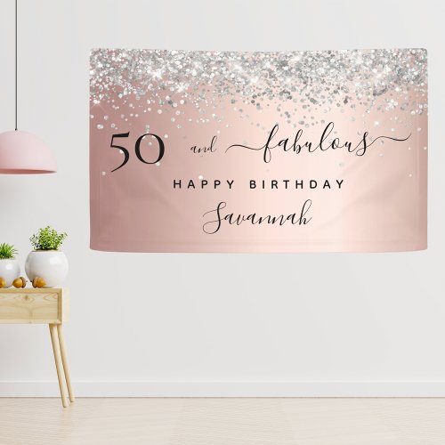50 Fabulous birthday rose gold silver glitter Banner
