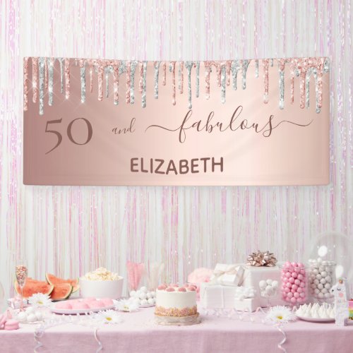 50 Fabulous birthday rose gold silver glitter drip Banner