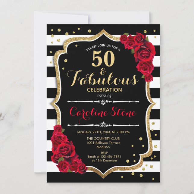 50 Fabulous Birthday -  Roses Black White Stripes Invitation (Front)