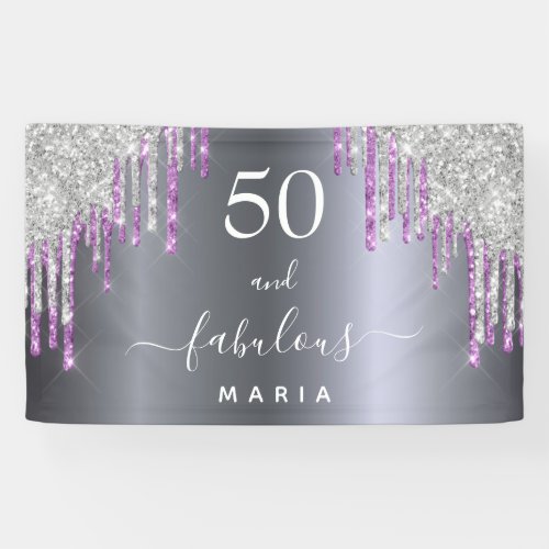 50 fabulous birthday silver purple glitter glam banner