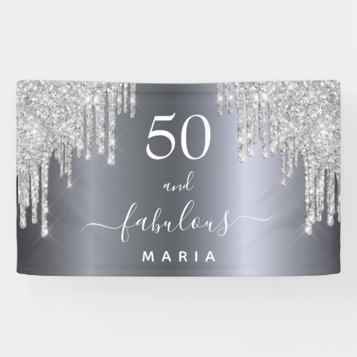 50 Fabulous Birthday Sparkling Glitter Silver Banner | Zazzle