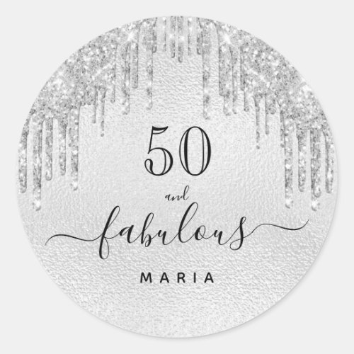 50 fabulous birthday Sparkling glitter silver name Classic Round Sticker