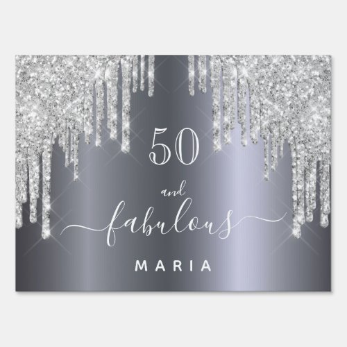 50 fabulous birthday sparkling glitter silver sign