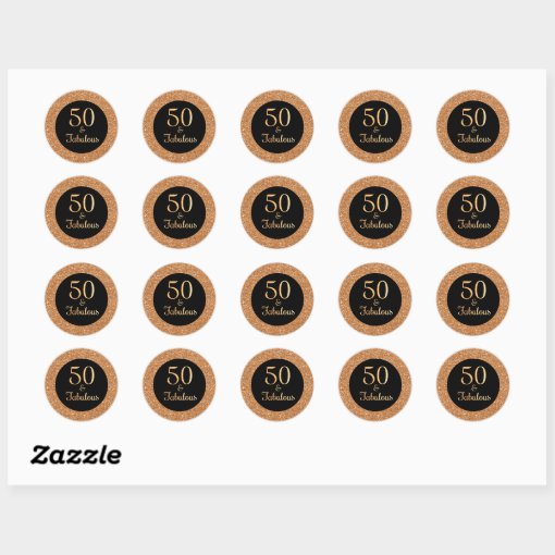 50 & Fabulous Birthday Sparkly Gold Glitter Black Classic Round Sticker ...