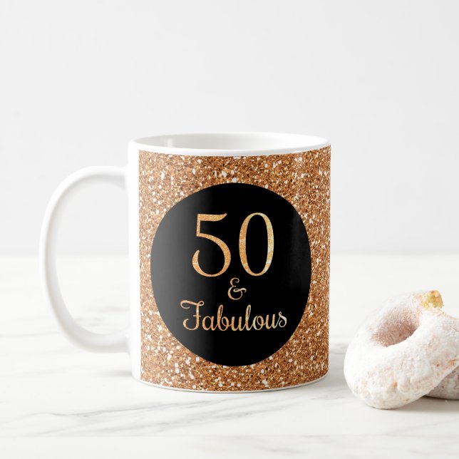 50 & Fabulous Birthday Sparkly Gold Glitter Black Coffee Mug (With Donut)