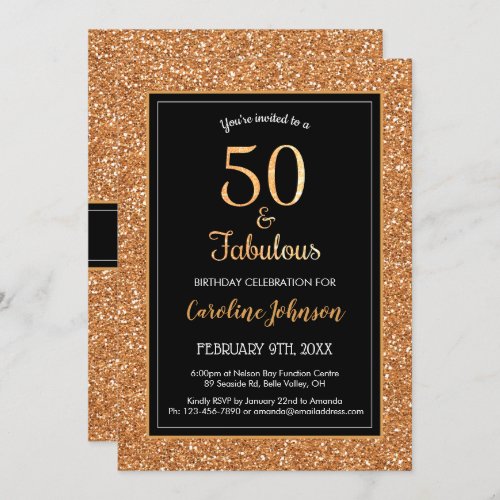 50  Fabulous Birthday Sparkly Gold Glitter Black Invitation