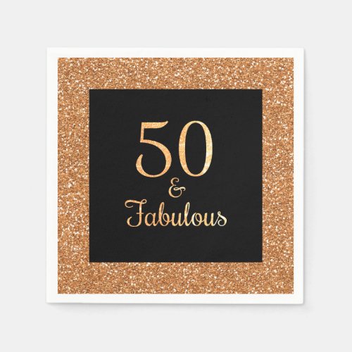 50  Fabulous Birthday Sparkly Gold Glitter Black Napkins