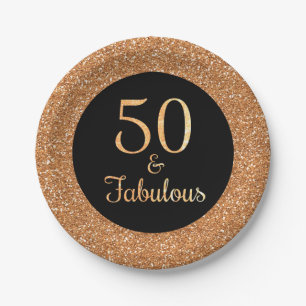 50 & Fabulous Birthday Sparkly Gold Glitter Black Paper Plates