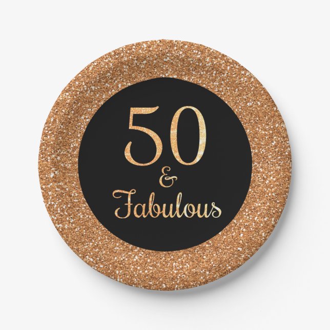50 & Fabulous Birthday Sparkly Gold Glitter Black Paper Plates (Front)