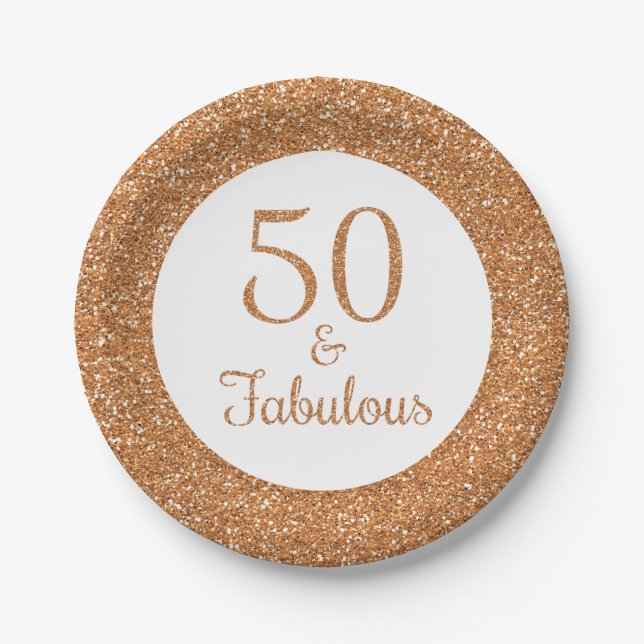 50 & Fabulous Birthday Sparkly Gold Glitter Paper Plates (Front)