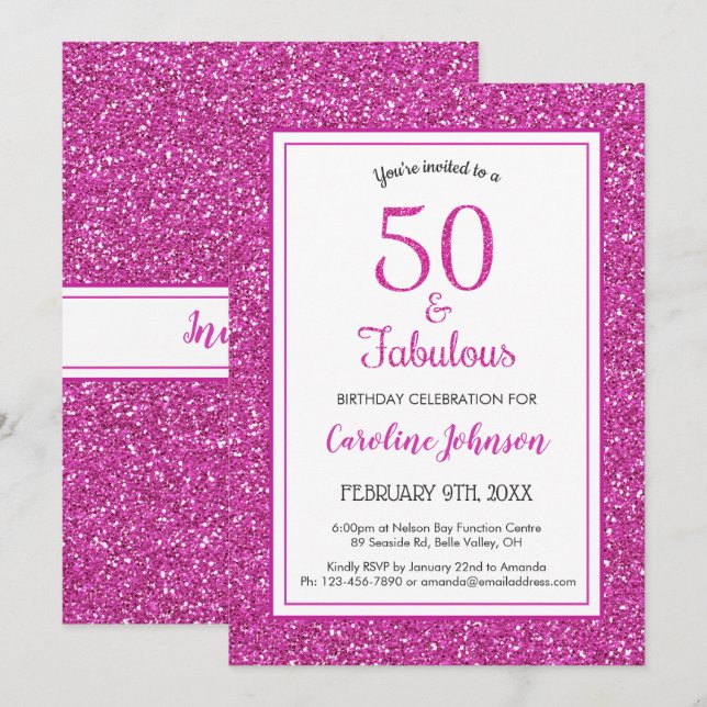 50 & Fabulous Birthday Sparkly Pink Glitter Invitation (Front/Back)