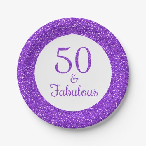 50  Fabulous Birthday Sparkly Purple Glitter Paper Plates