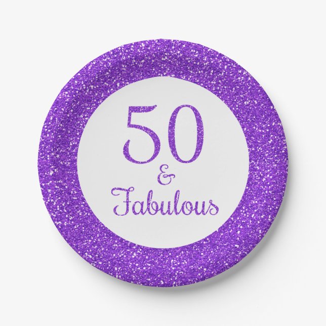 50 & Fabulous Birthday Sparkly Purple Glitter Paper Plates (Front)