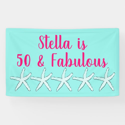 50  Fabulous Birthday Starfish Pattern Pink Blue Banner