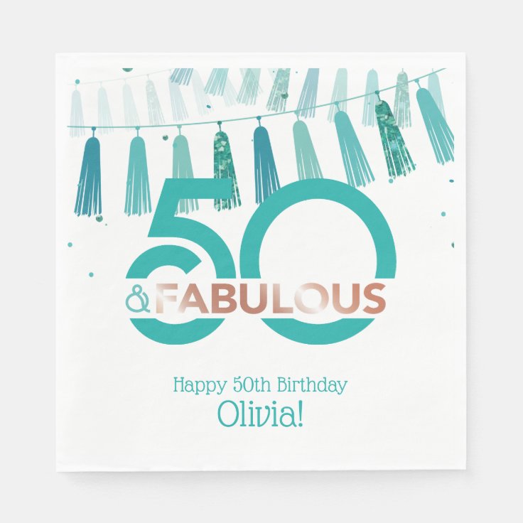 50 Fabulous Birthday Teal Rose Gold Stylish Party Napkins | Zazzle