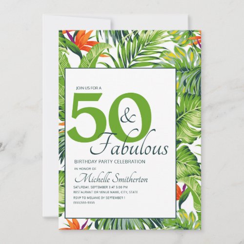 50 Fabulous Birthday Tropical Leaves Pink Orange Invitation