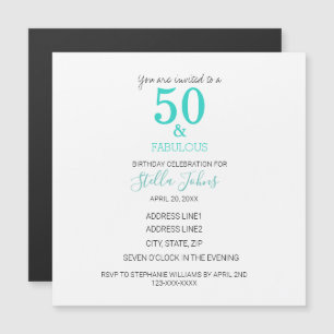50 & Fabulous Birthday Turquoise White Cute Magnetic Invitation