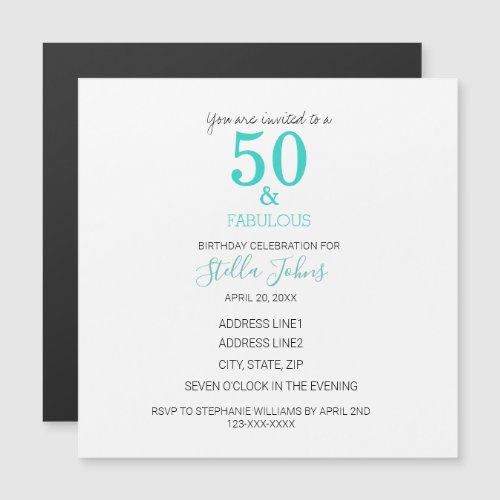 50  Fabulous Birthday Turquoise White Cute Magnetic Invitation