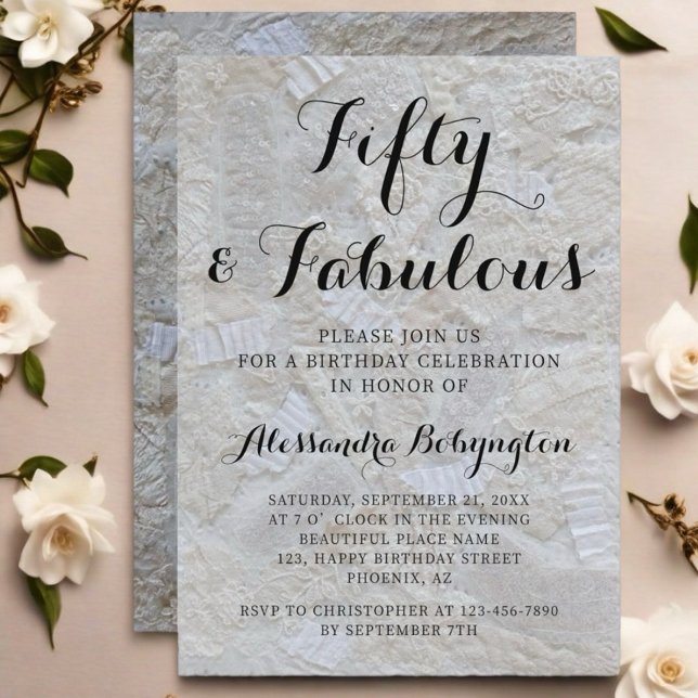 50 Fabulous birthday white pattern black script  Invitation (Creator Uploaded)