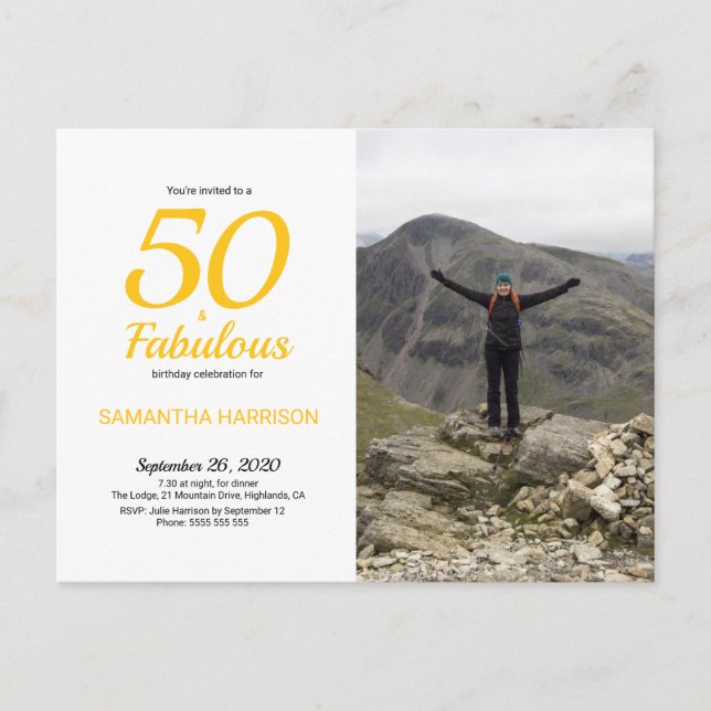 50 & Fabulous Birthday Yellow Black Photo Postcard (Front)