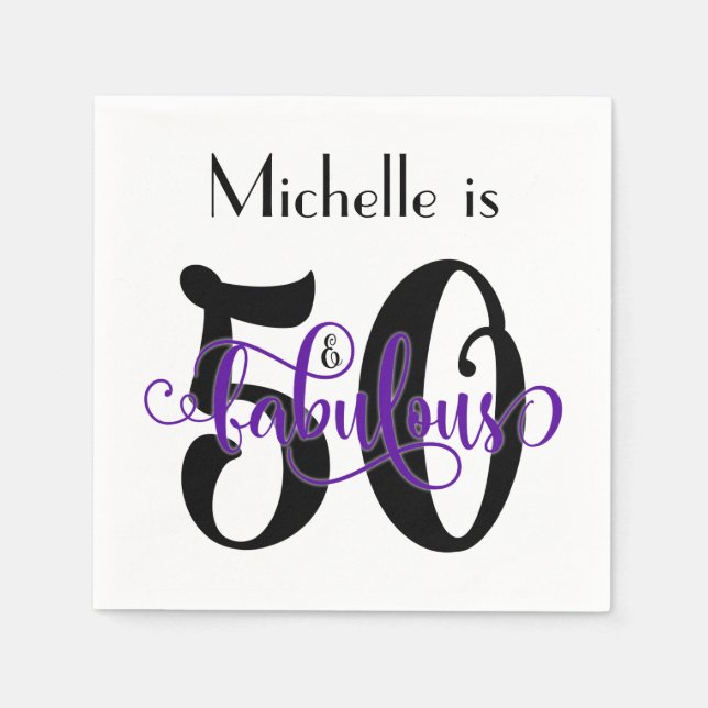 50 & Fabulous Black and Purple Typography Birthday Napkins (Front)
