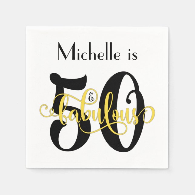 50 & Fabulous Black and Yellow Typography Birthday Napkins (Front)