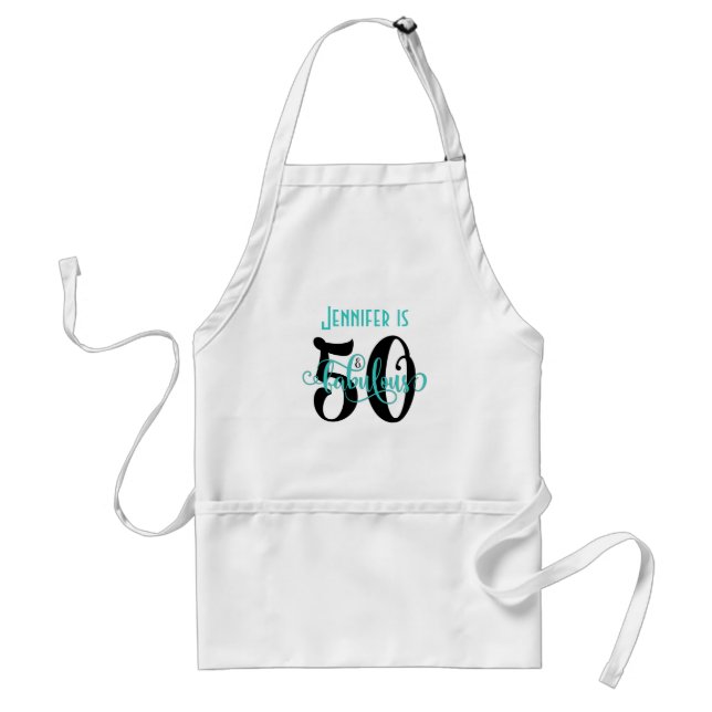 50 & Fabulous Black & Aqua 2 Typography Birthday Adult Apron (Front)