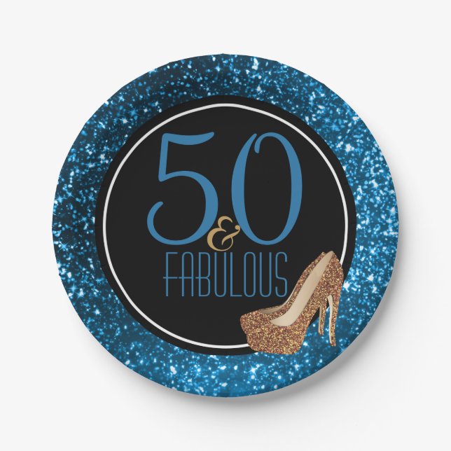 50 & Fabulous Black Blue Gold 50th Birthday Party Paper Plates (Front)