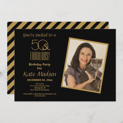 50  FABULOUS Black  Gold 50th Birthday Party Invitation