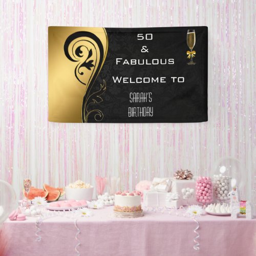 50  Fabulous Black Gold Birthday Backdrop Custom Banner