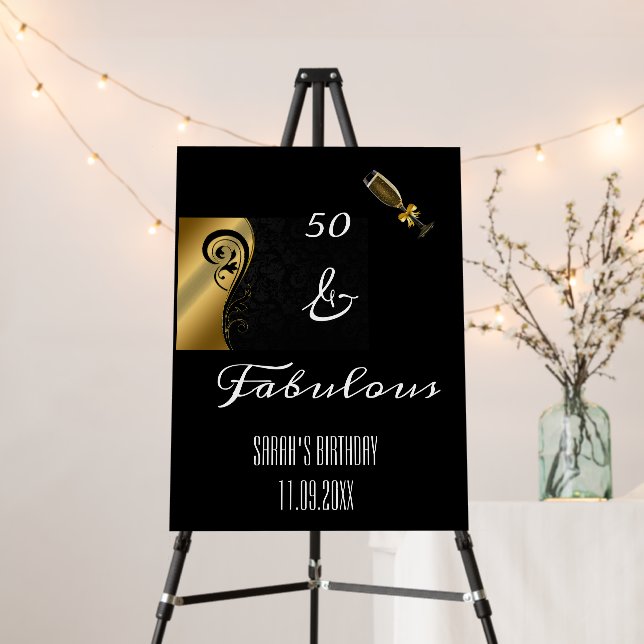 50 & Fabulous Black & Gold Birthday Backdrop  Foam Foam Board (In Situ (Stand))