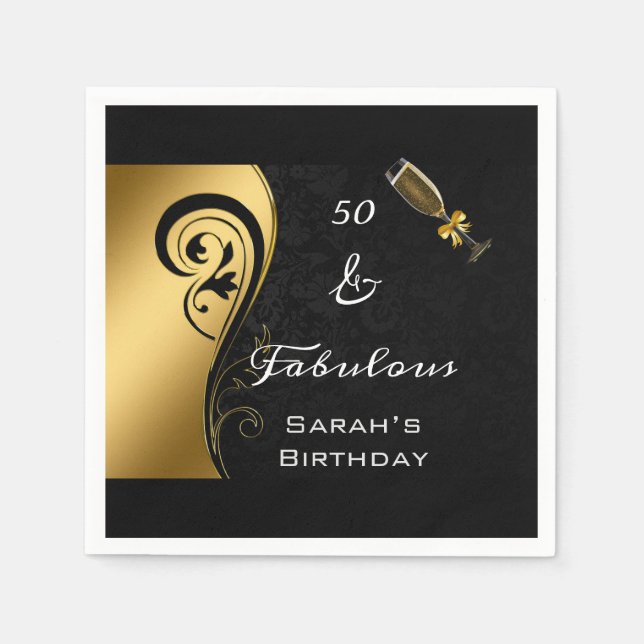 50 & Fabulous Black Gold Birthday Party Cocktail   Napkins (Front)